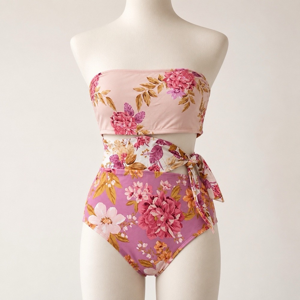 Kona Sol Pink Floral One Piece Swimsuit Women Medium Padded Bandeau Cut Out